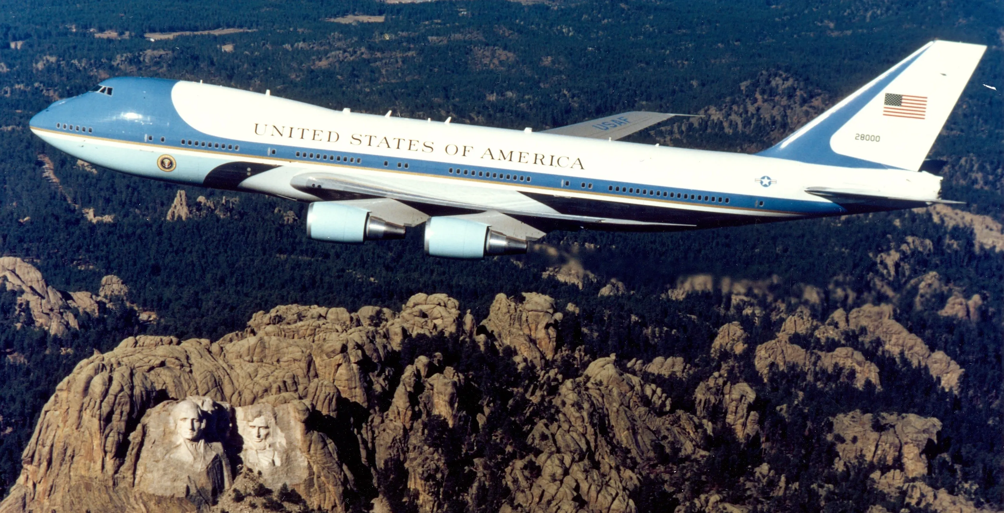 Air Force One flying over Mount Rushmore