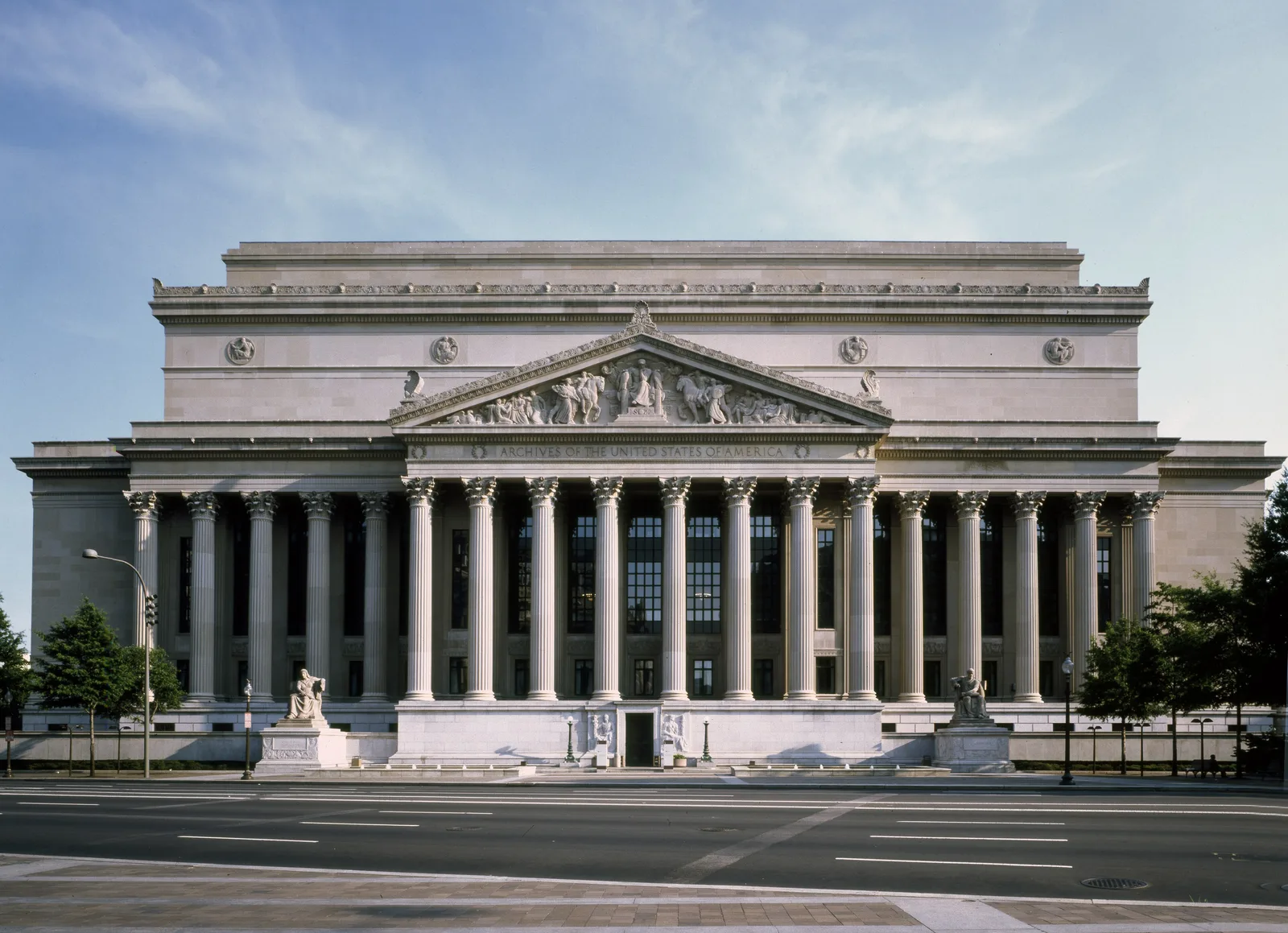 The National Archives Building in Washington, D.C., inscribed 'Archives of the United States of America,' where federal records are preserved and made accessible to the public.
