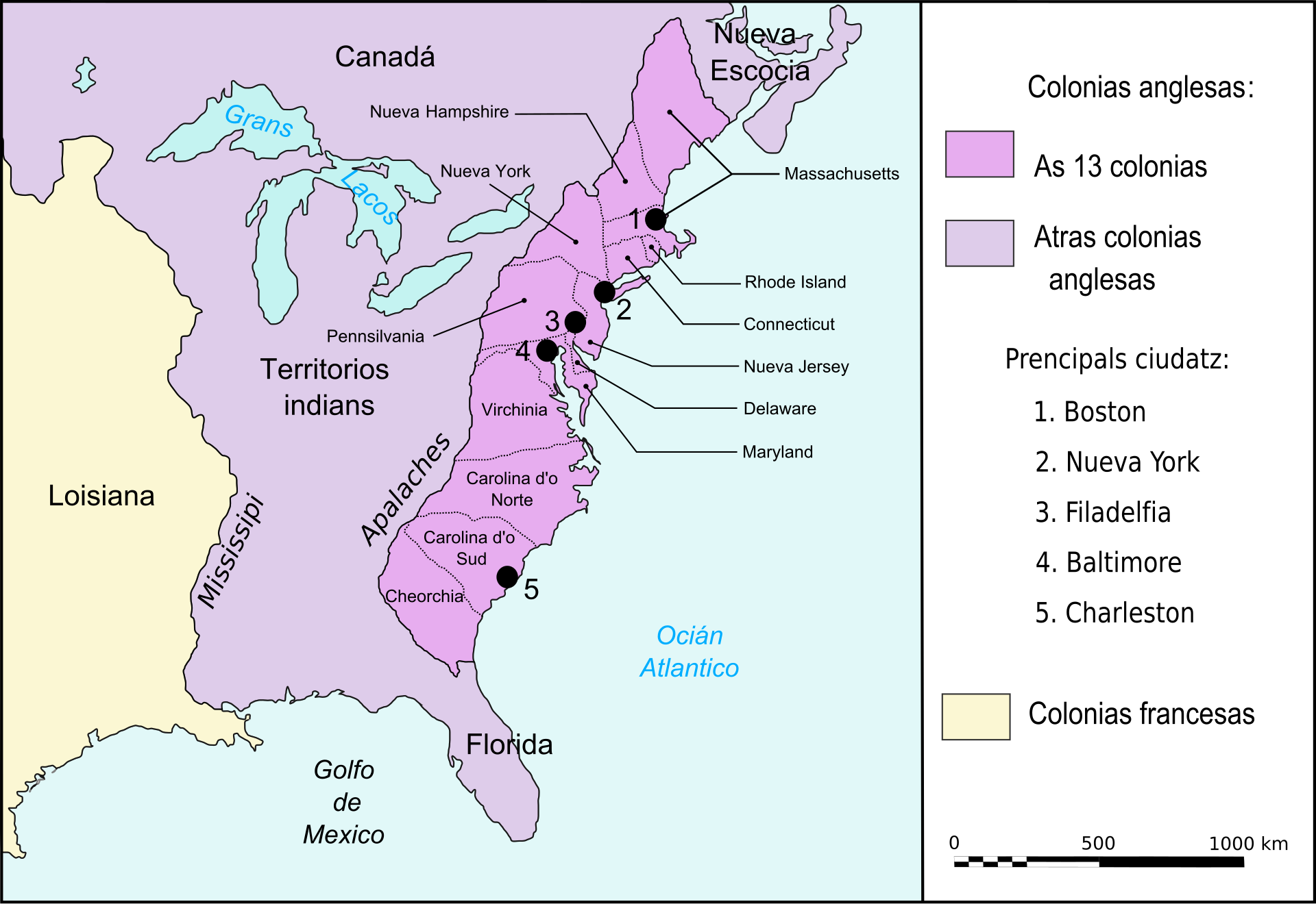 A historical map of the eastern seaboard of North America showing the thirteen original British colonies circa 1775