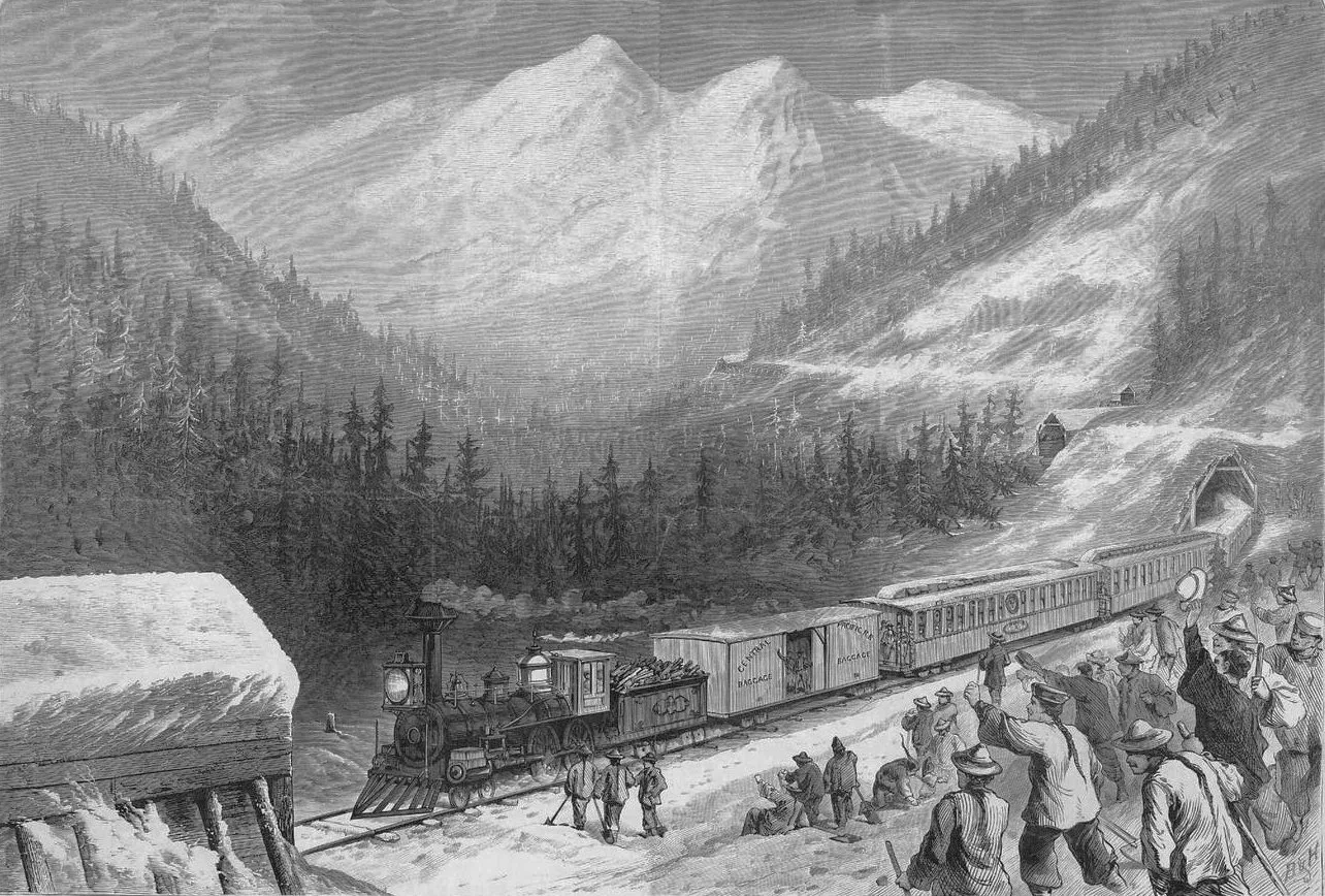 Chinese laborers building the transcontinental railroad through the Sierra Nevada mountains