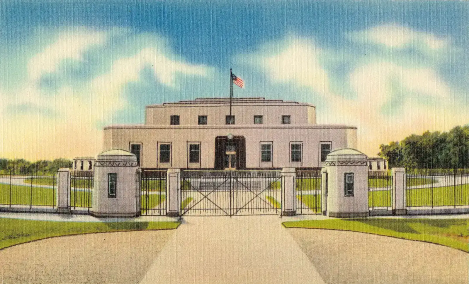 Vintage postcard of the United States Bullion Depository at Fort Knox seen through its iron entrance gates