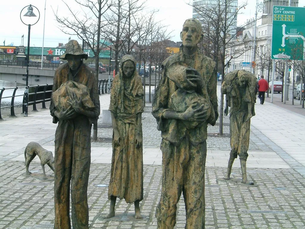 Irish Famine Memorial statues depicting skeletal figures walking toward the sea, Dublin