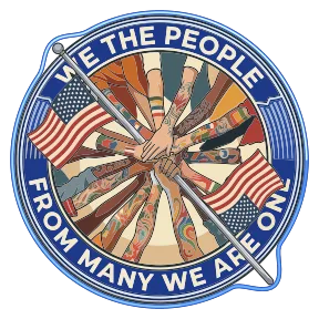 We The People seal: hands of many skin tones joined around a central wooden staff, encircled by U.S. flags, with the words We The People above and From Many We Are One below