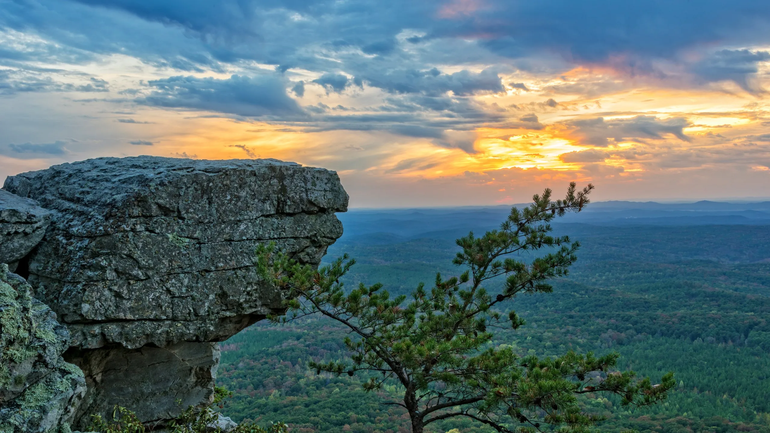 Cheaha Mountain, the highest point in Alabama, with rocky overlooks above the autumn forest canopy