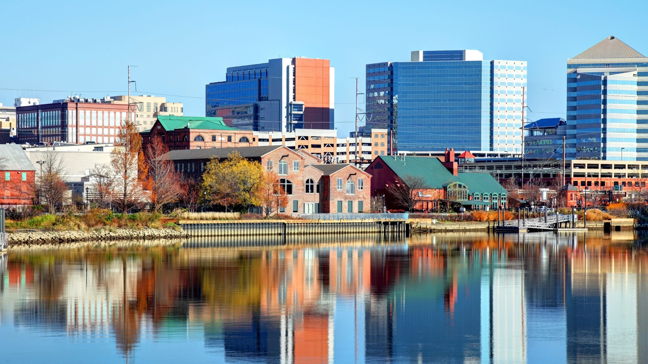 The Wilmington financial district skyline viewed from the Christina River waterfront, home to major banks and credit card companies