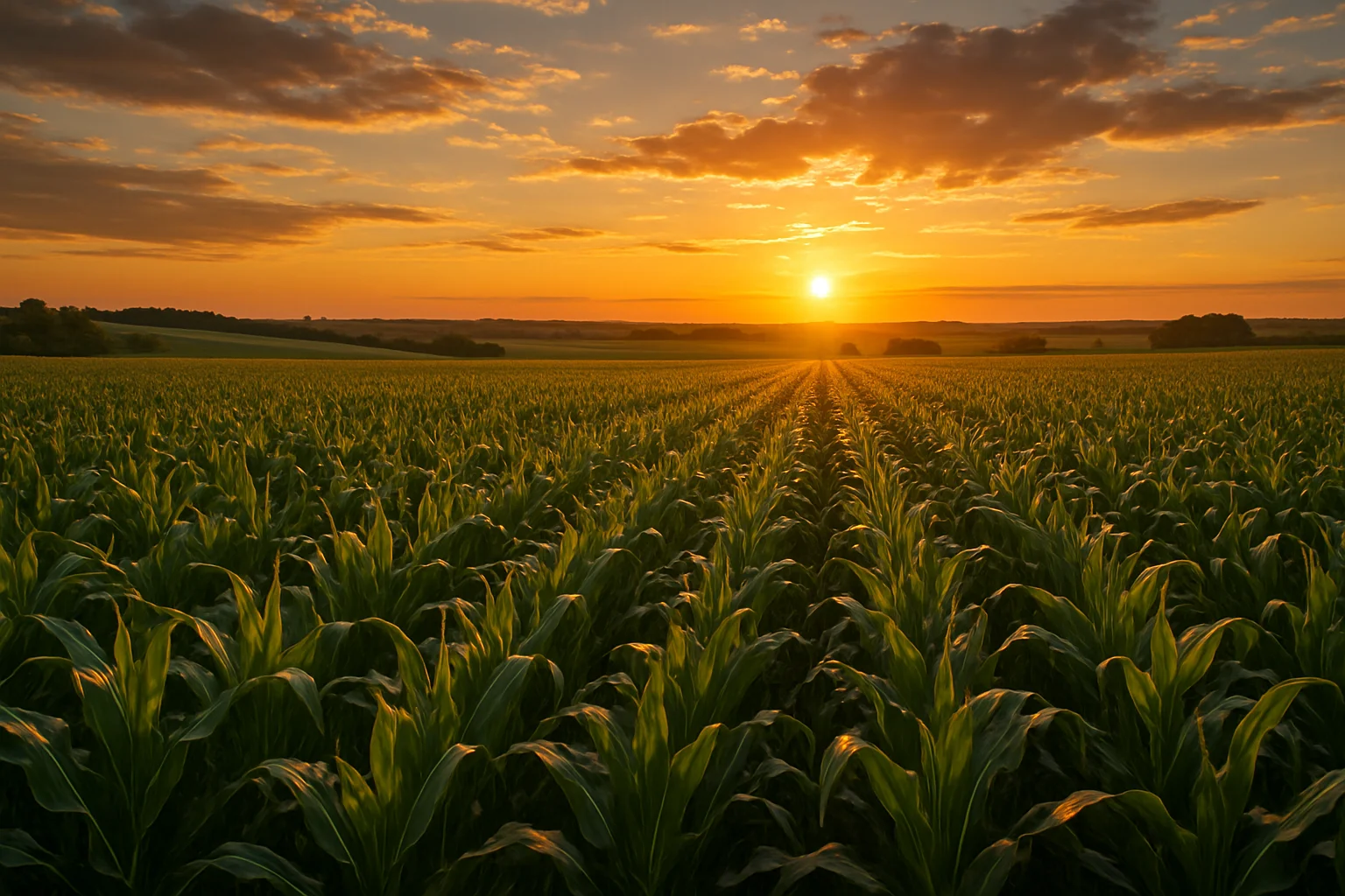 Golden cornfields stretching to the horizon at sunset in the Iowa heartland