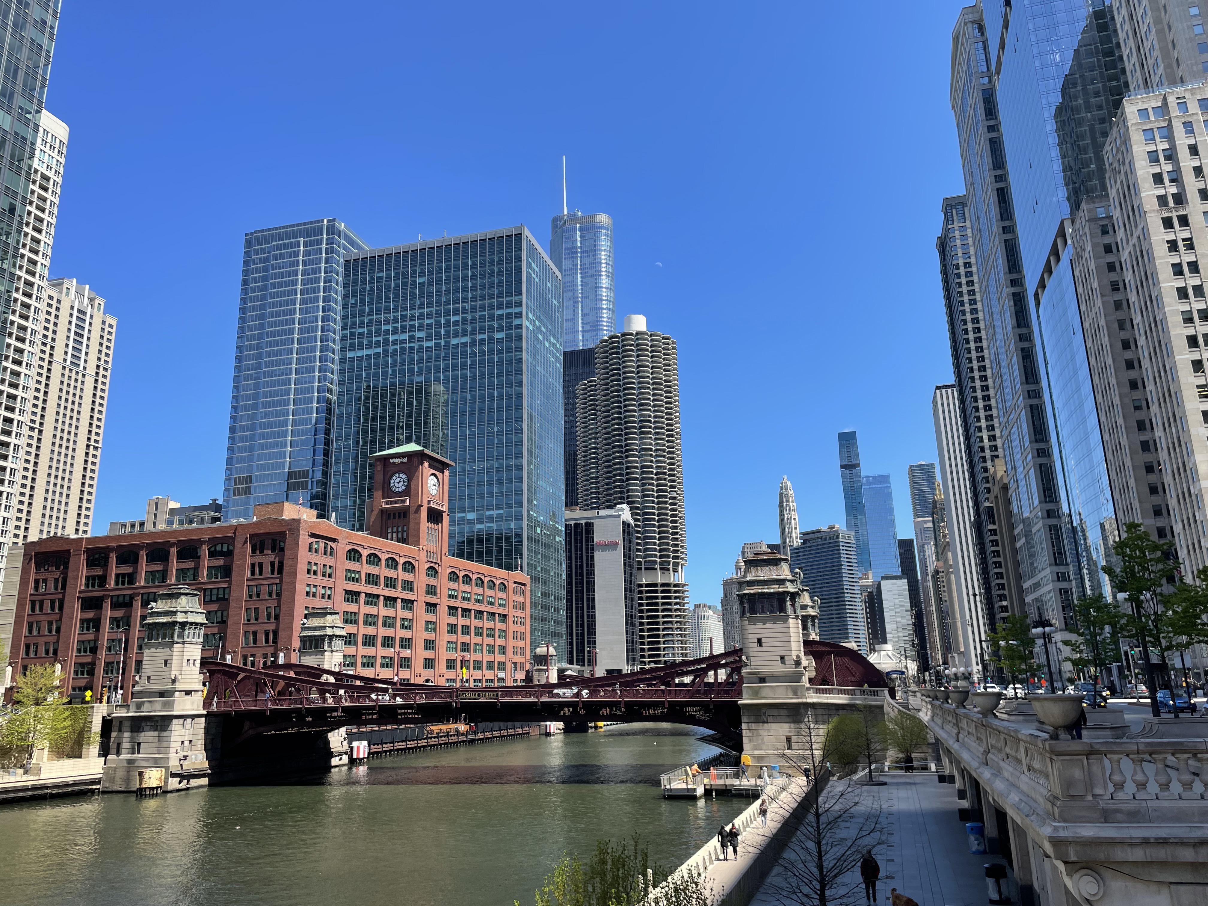 The Chicago Board of Trade and financial district skyscrapers along LaSalle Street in downtown Chicago