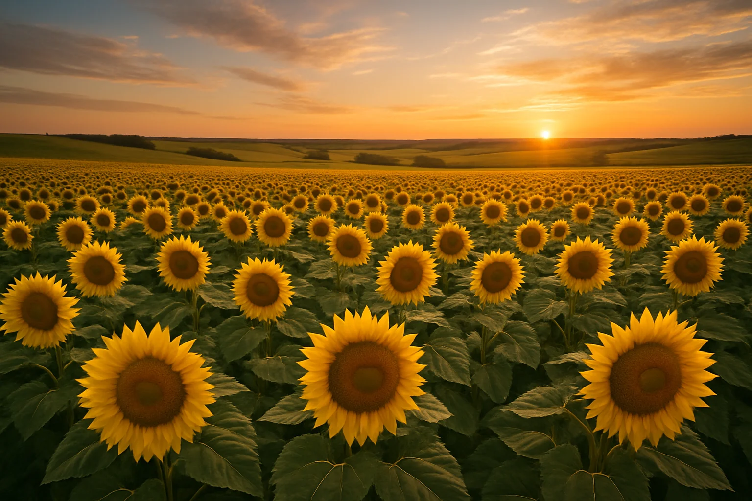 Rows of sunflowers in full bloom under a wide Kansas sky