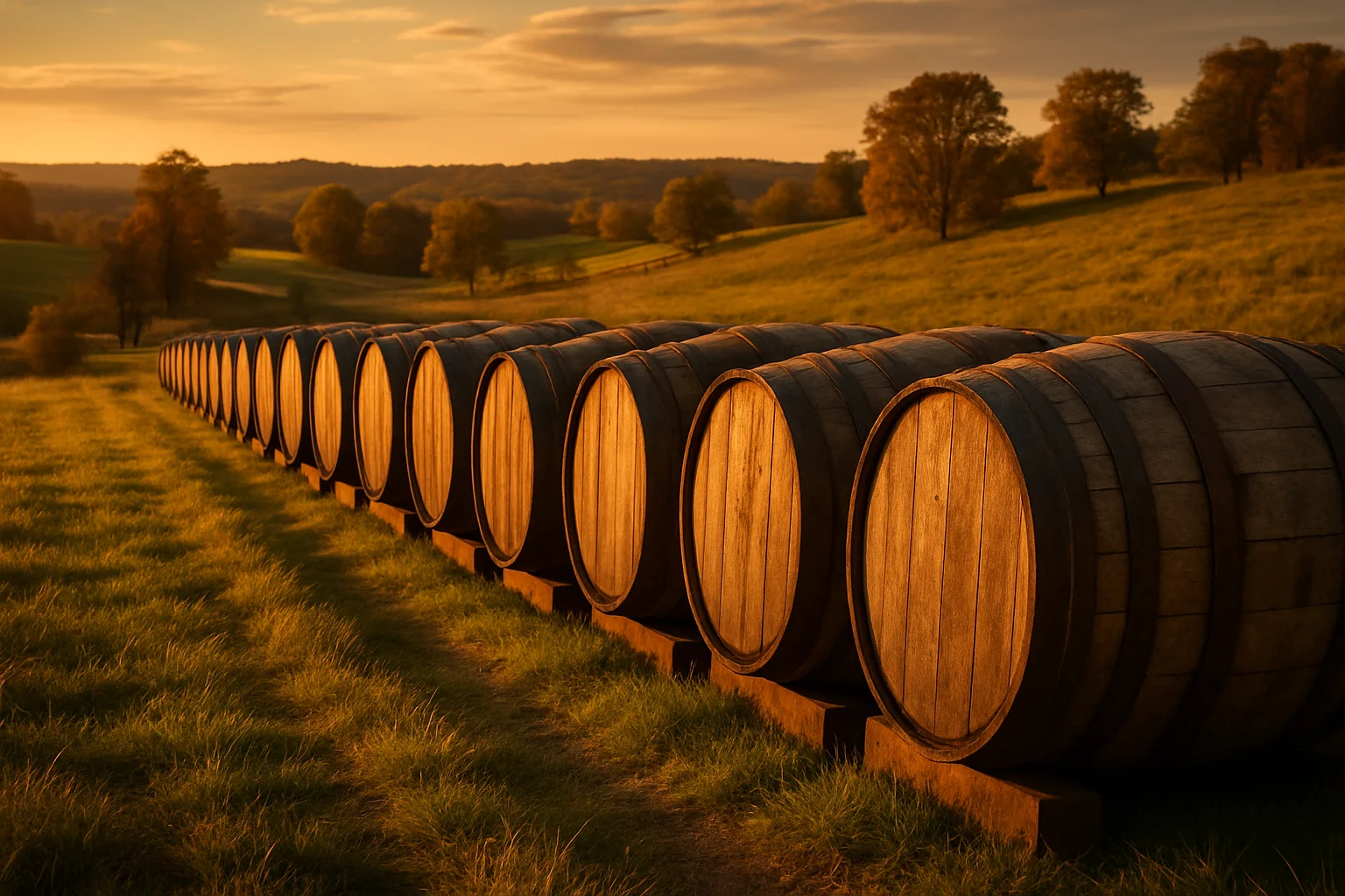 Rows of aging bourbon barrels in a Kentucky distillery rickhouse
