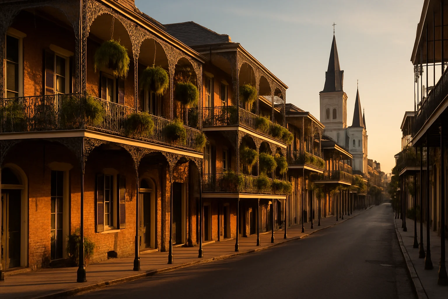 Iron balconies and street life along Bourbon Street in New Orleans' French Quarter