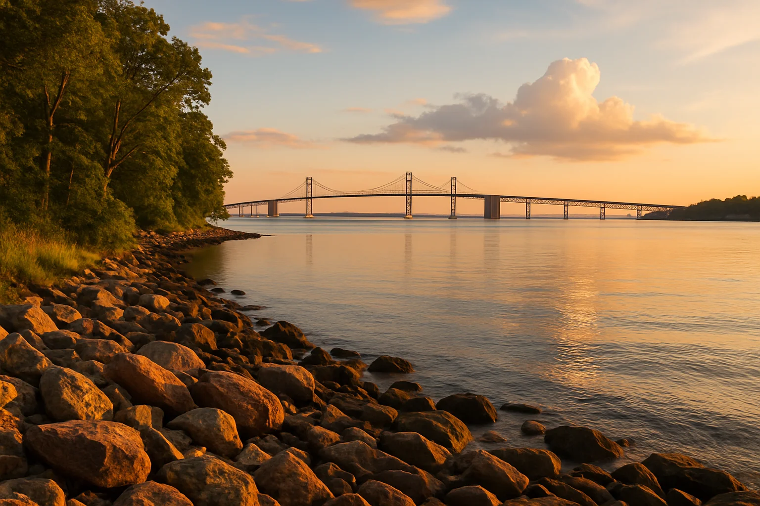 The Chesapeake Bay at sunrise, America's largest estuary stretching through the heart of Maryland