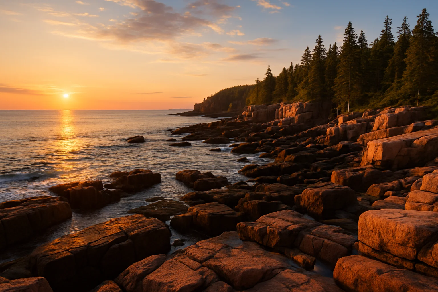 Sunrise over the rocky coastline of Acadia National Park, Mount Desert Island, Maine