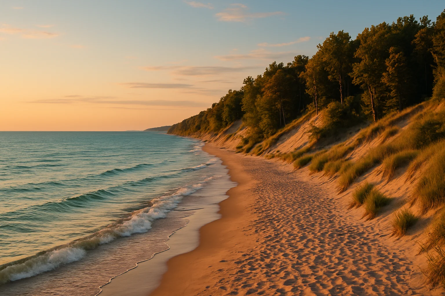 The sandy shoreline of Lake Michigan with clear blue water and dune grasses, northern Michigan