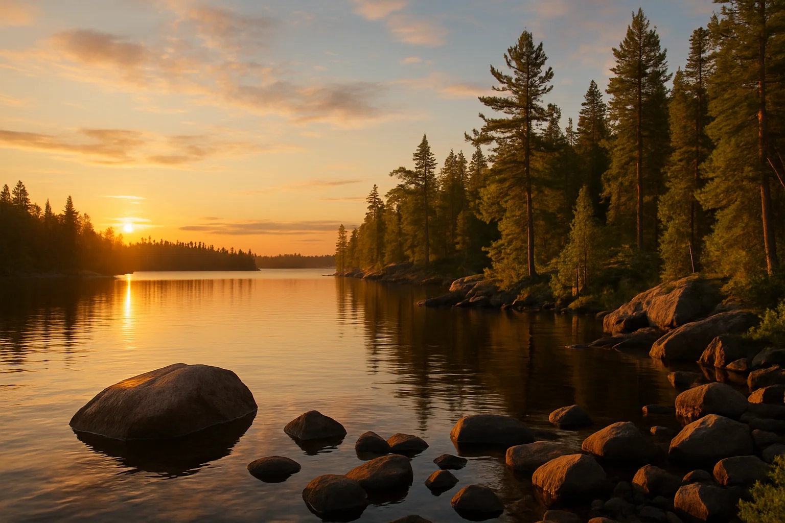 A canoe resting on the glassy surface of a pristine lake in the Boundary Waters Canoe Area Wilderness, northeastern Minnesota