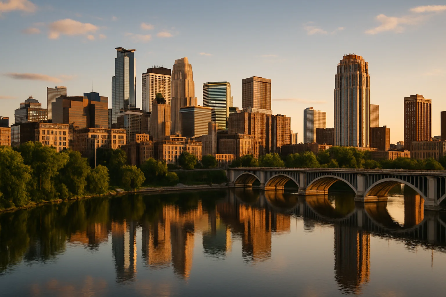 The Minneapolis skyline glowing at dusk, with the Hennepin Avenue Bridge and the Mississippi River in the foreground