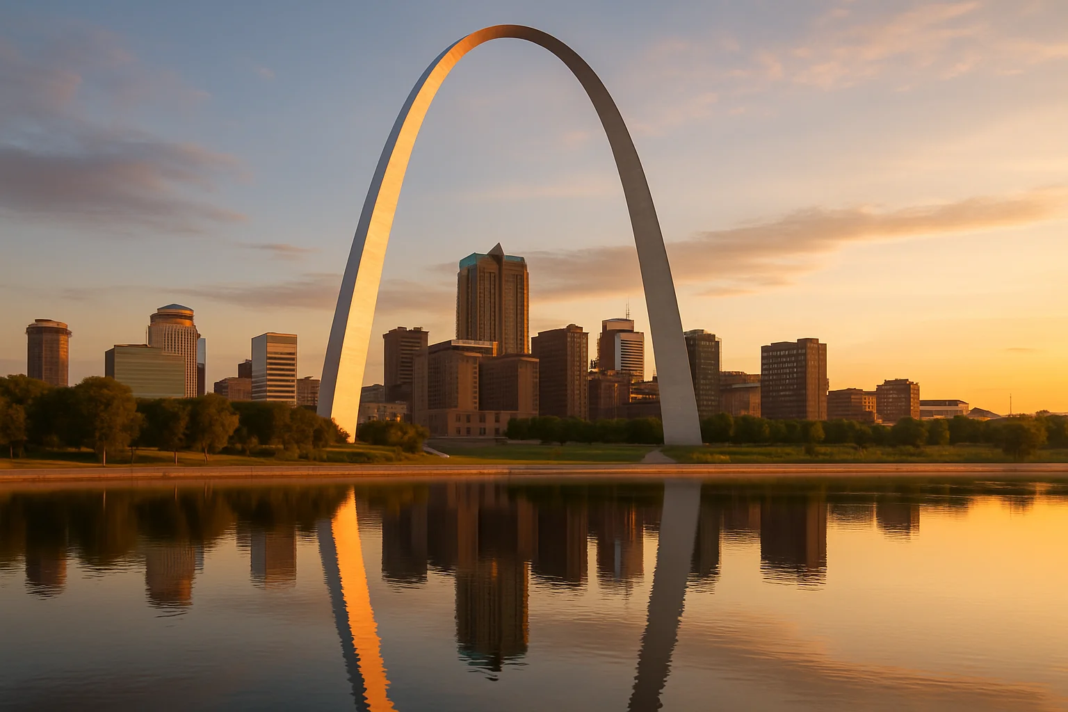 The Gateway Arch rising 630 feet above the St. Louis riverfront on the Mississippi River, with the Old Courthouse visible below