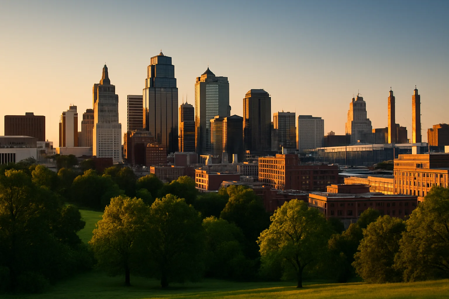 The Kansas City skyline at dusk reflected in the Missouri River, with the Union Station and Liberty Memorial visible on the horizon