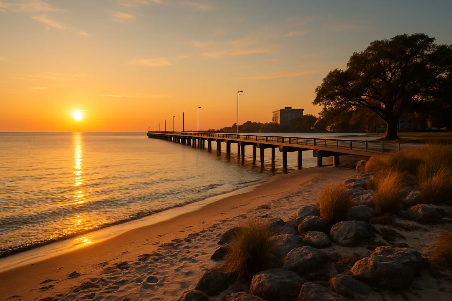 The white sand beaches of Biloxi, Mississippi along the Gulf of Mexico, with casino resorts visible along the shoreline