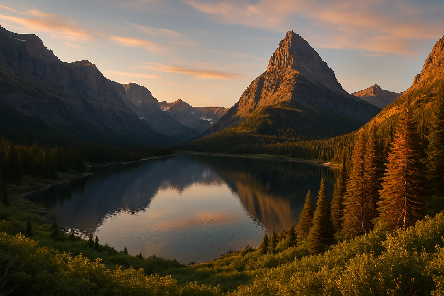 A turquoise glacial lake surrounded by jagged peaks in Glacier National Park, northwestern Montana