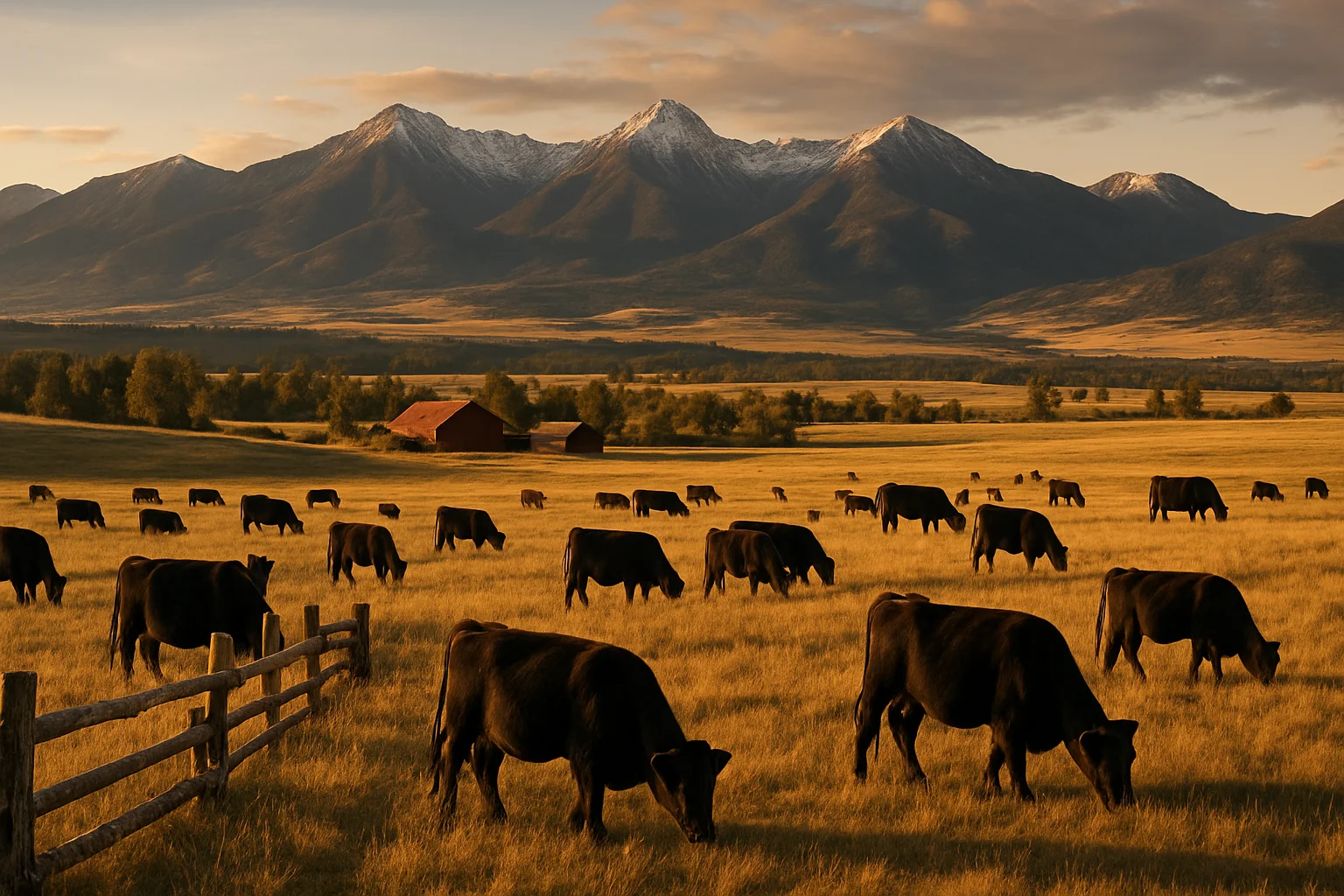 A cattle ranch spread across the rolling grasslands of eastern Montana beneath an enormous blue sky