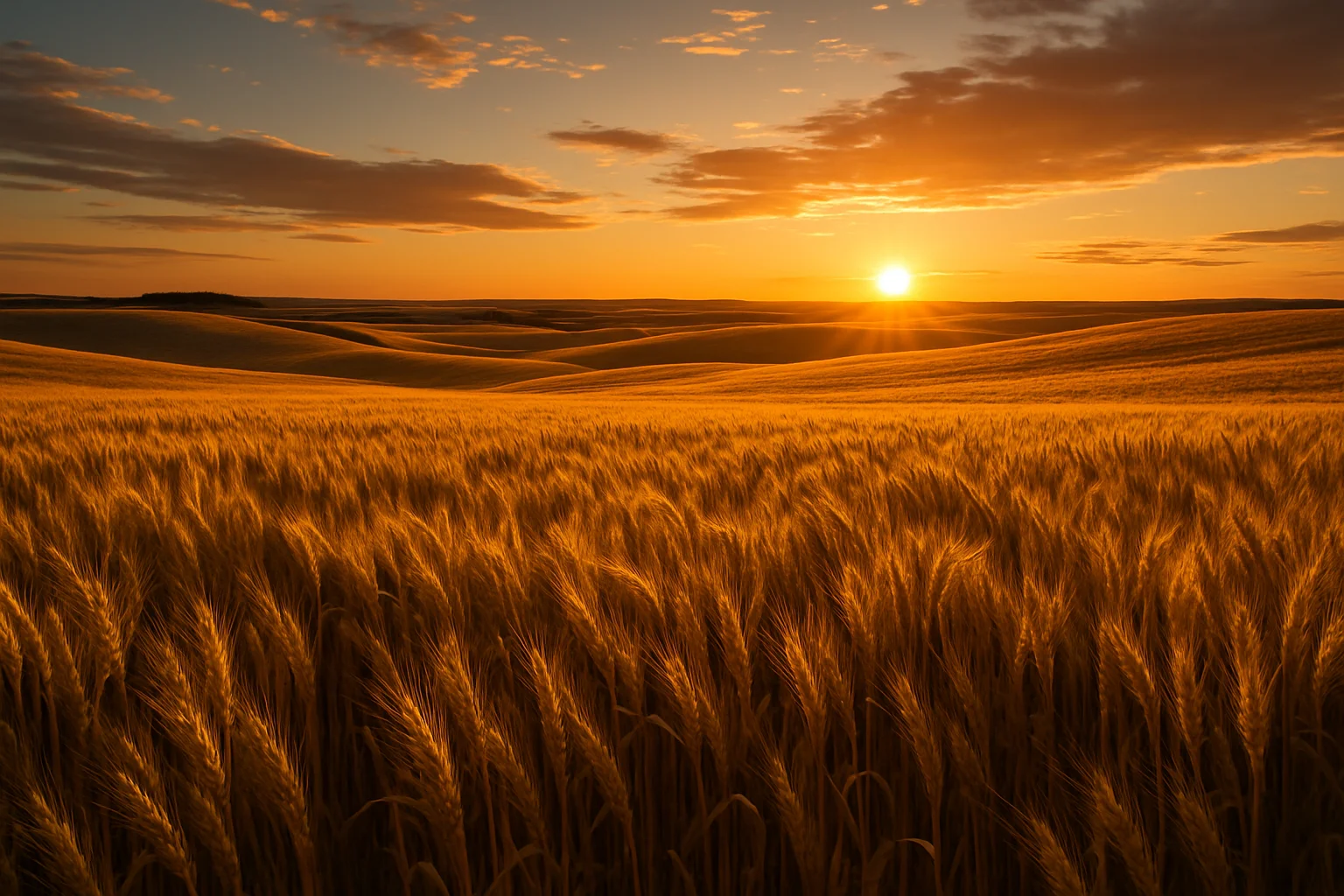 Golden wheat fields stretching to the horizon in North Dakota, the nation's leading wheat-producing state and an agricultural powerhouse of the northern Great Plains