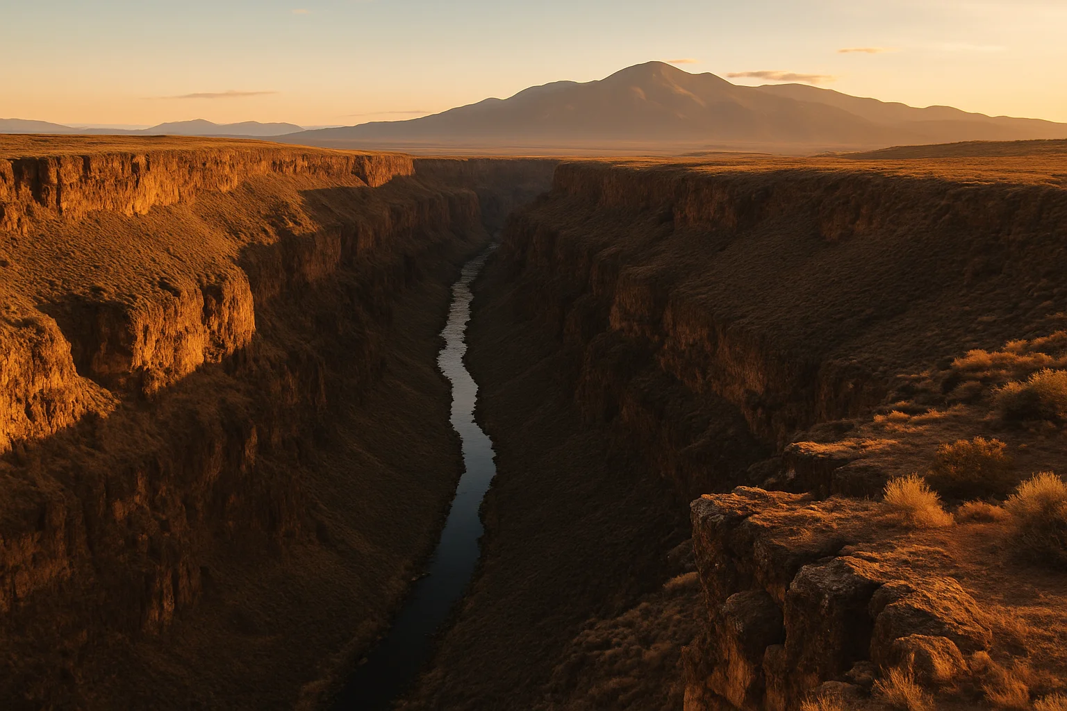 The Rio Grande Gorge near Taos, New Mexico, a 650-foot chasm carved by the river through volcanic basalt of the Taos Plateau