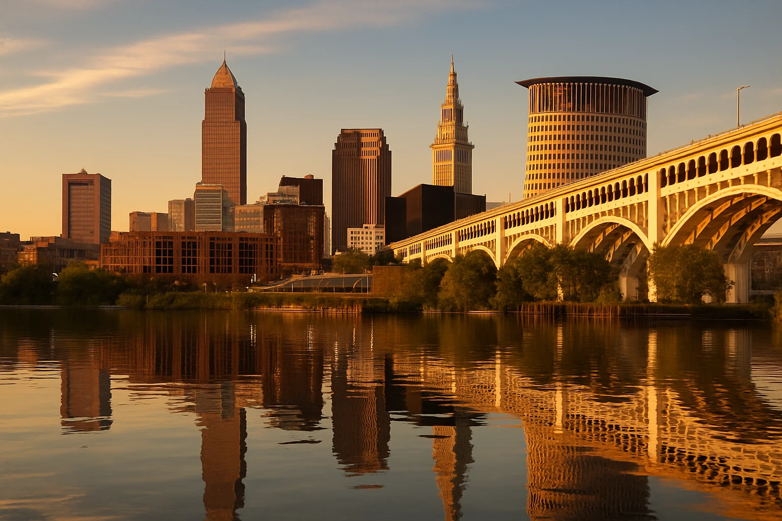 The Cleveland, Ohio skyline on the southern shore of Lake Erie, home of the Cleveland Clinic, Rock and Roll Hall of Fame, and one of the Midwest's great cultural institutions