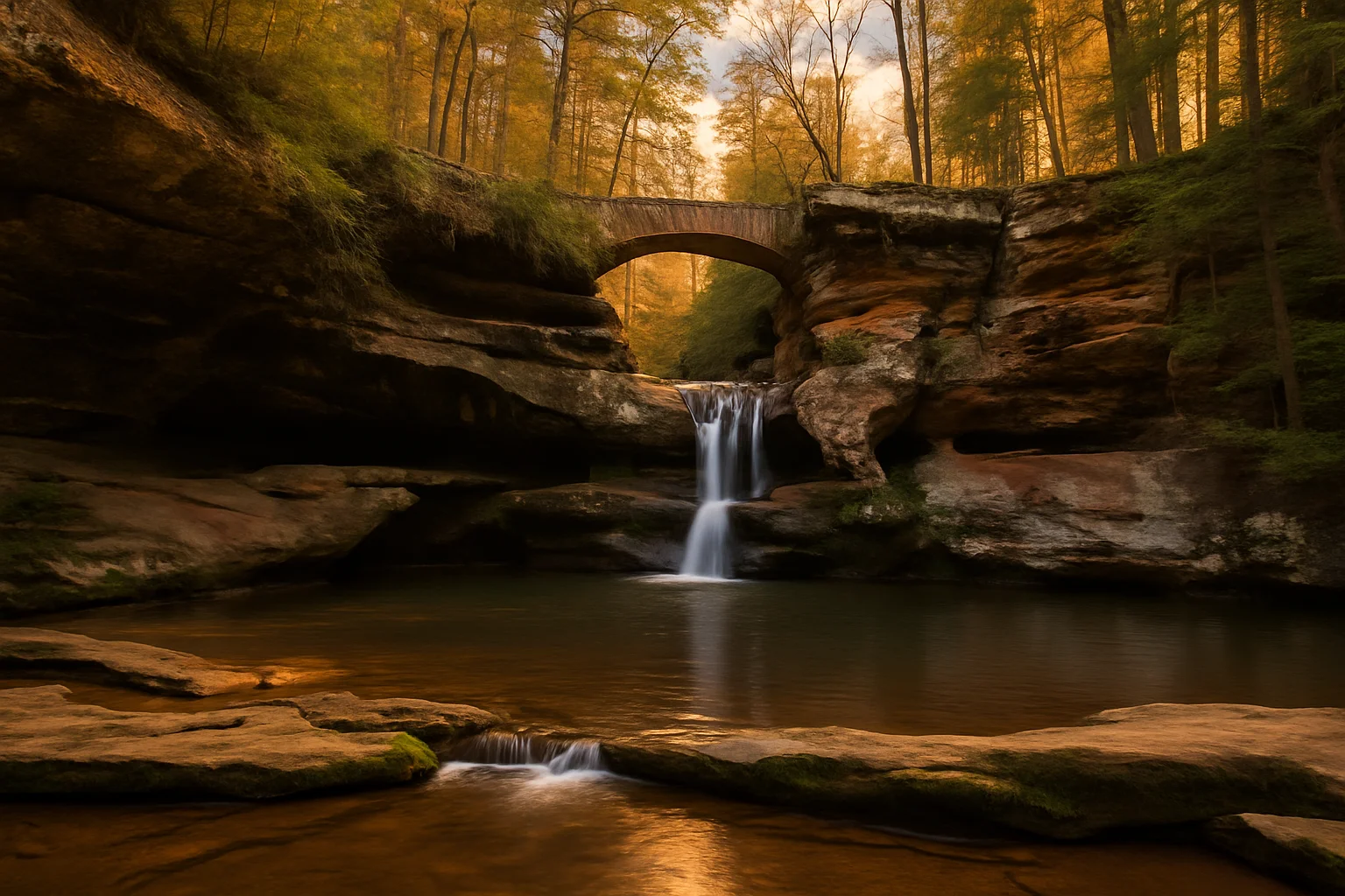 The sandstone gorges and waterfalls of Hocking Hills State Park in southeastern Ohio, the state's most visited natural attraction