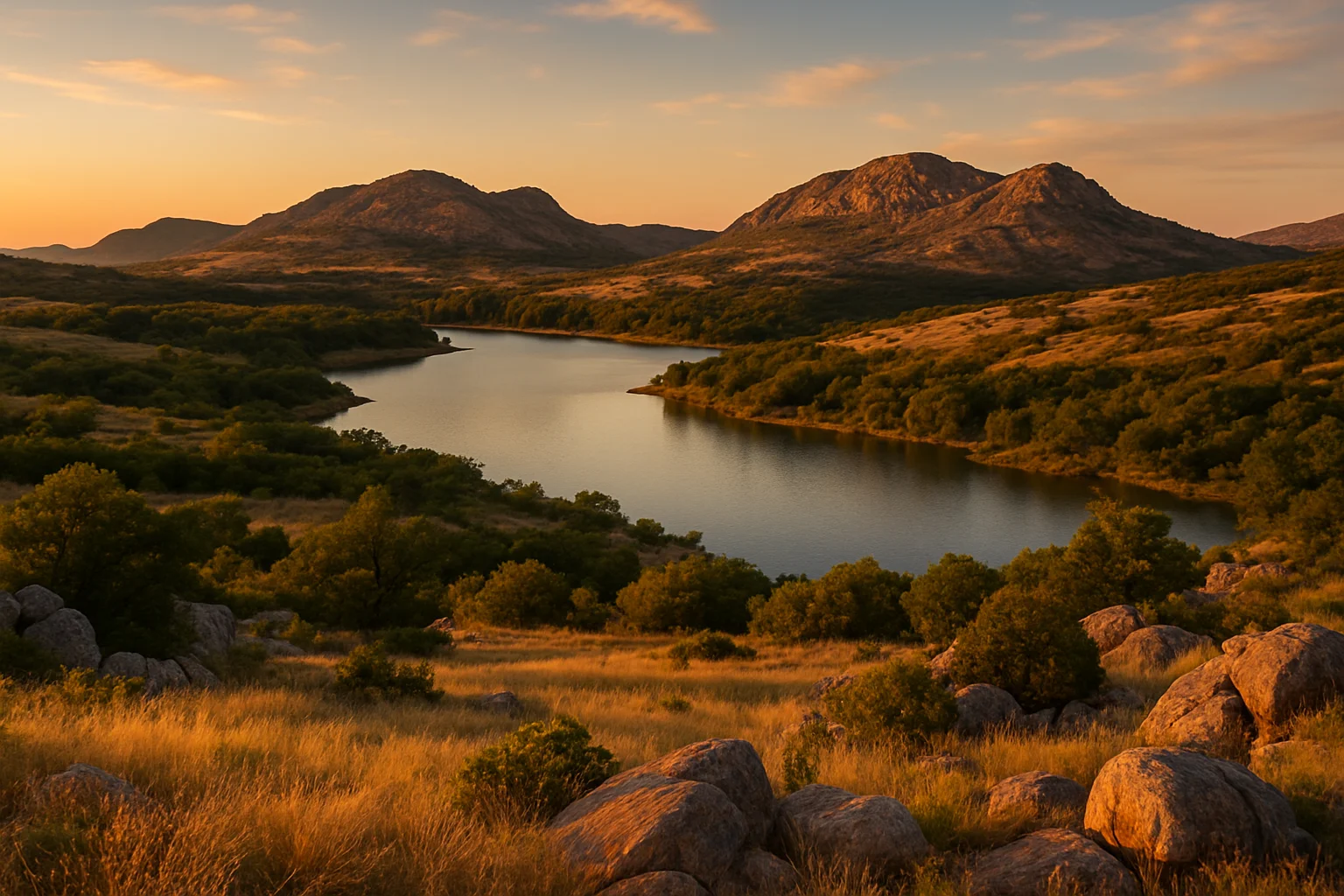 The Wichita Mountains Wildlife Refuge in southwestern Oklahoma, home to one of the largest free-roaming American bison herds in the country