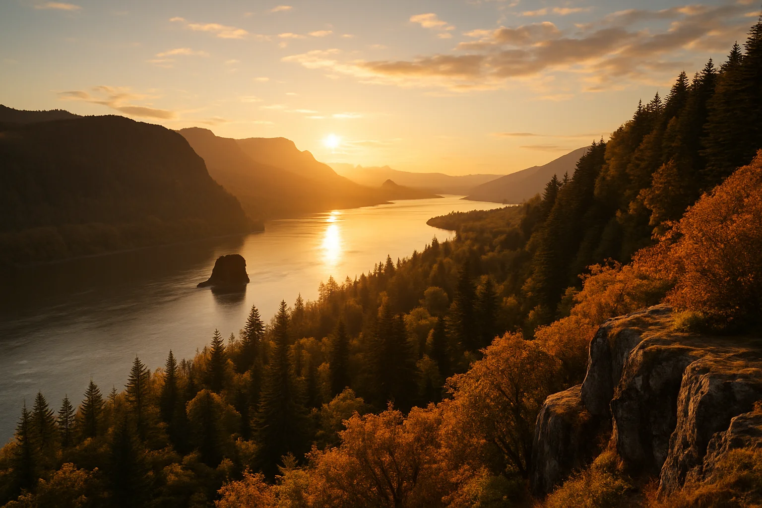 Multnomah Falls and the forested cliffs of the Columbia River Gorge in northern Oregon