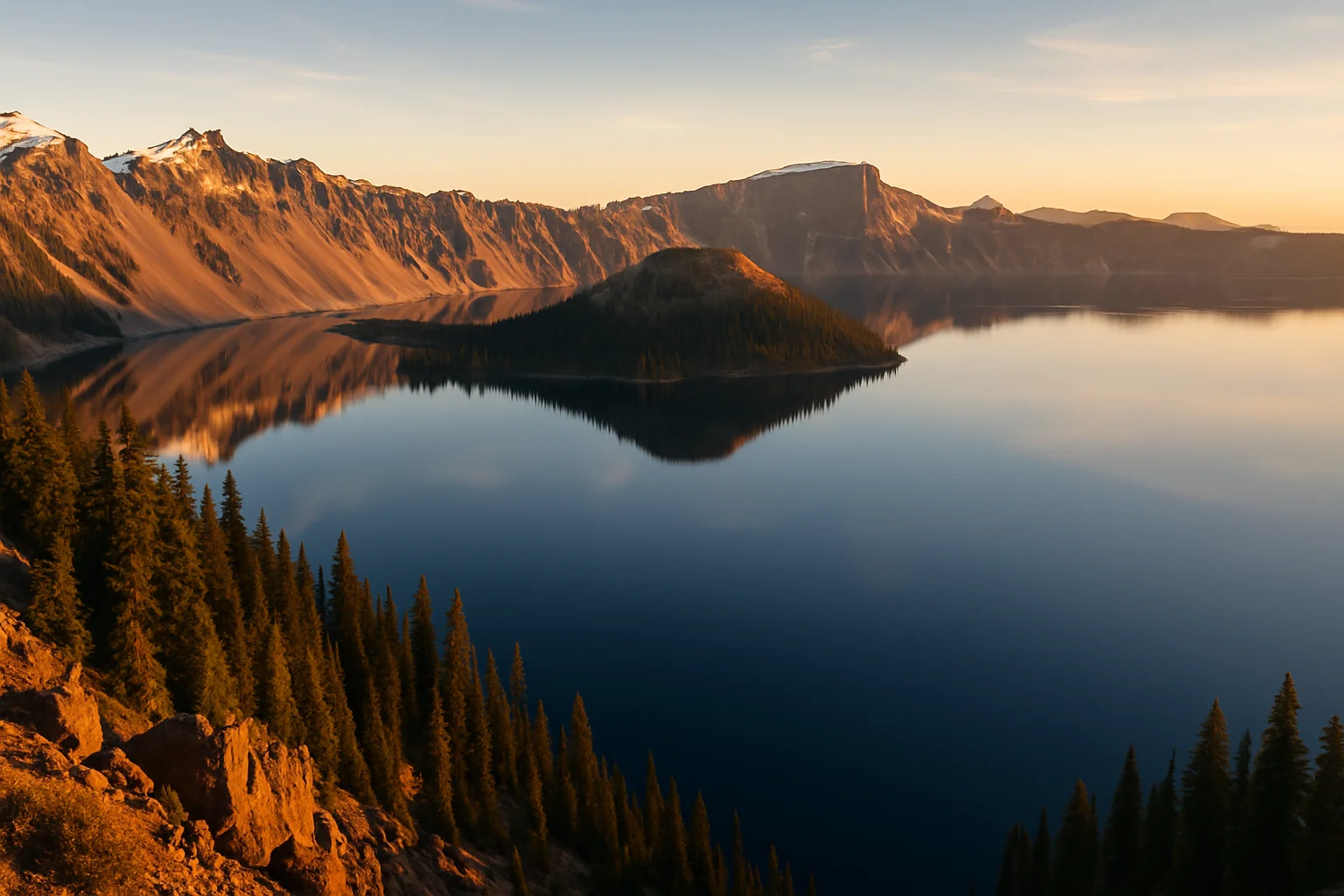 The deep blue waters of Crater Lake surrounded by volcanic caldera walls in southern Oregon
