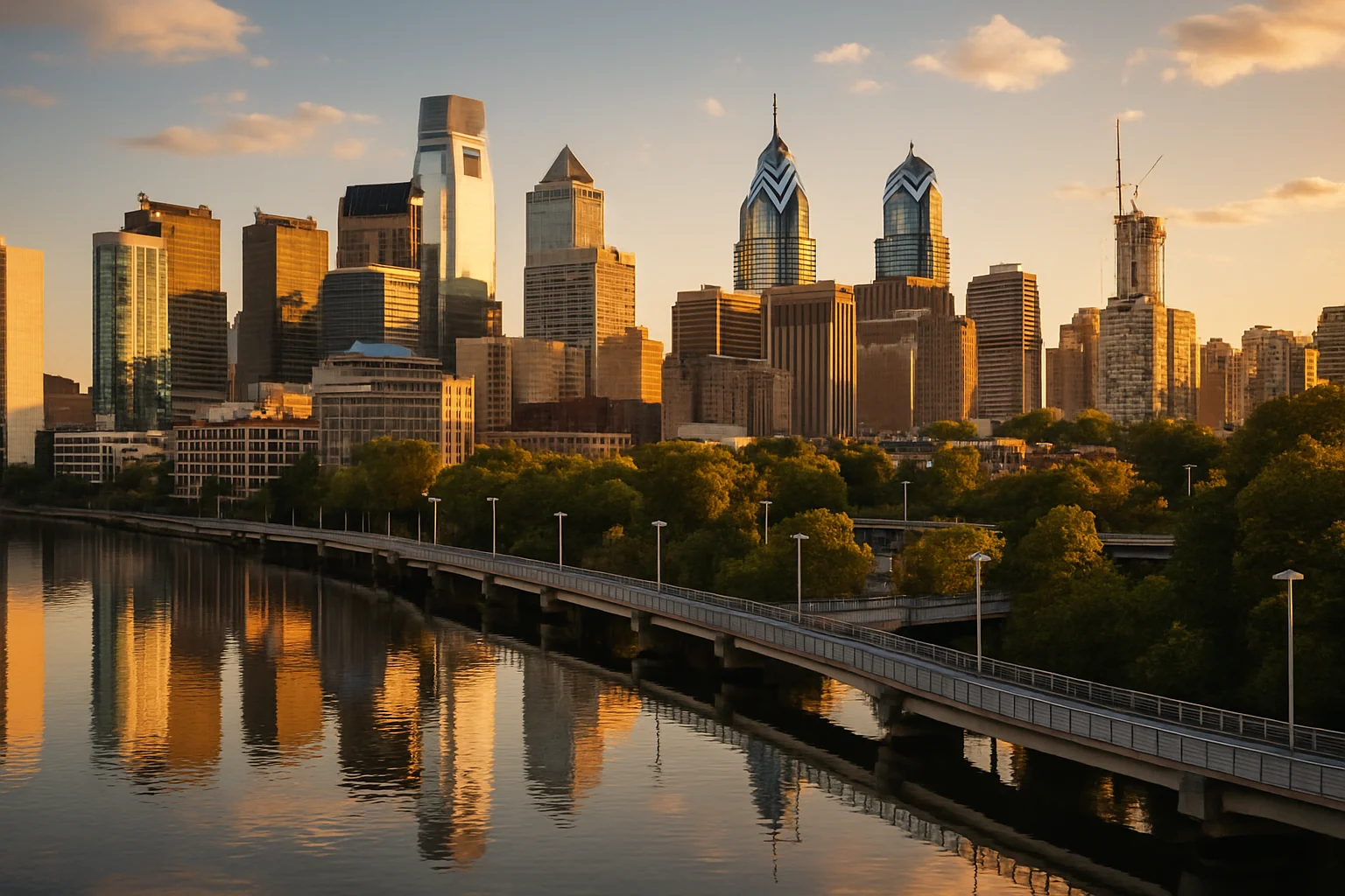 The Philadelphia, Pennsylvania skyline along the Schuylkill River, America's first capital and the city where the Declaration of Independence and Constitution were signed