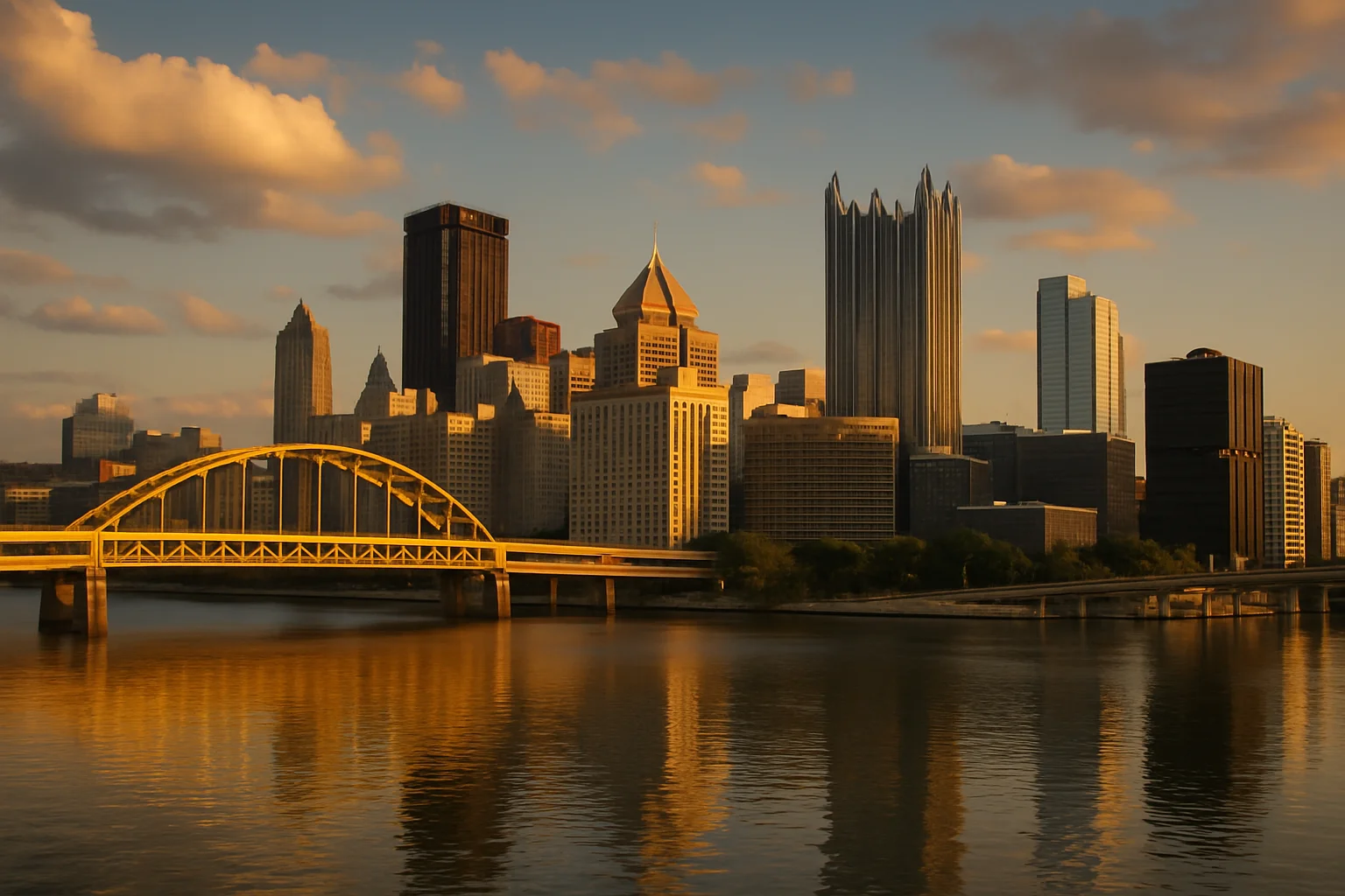 The Pittsburgh, Pennsylvania skyline at the Golden Triangle where the Allegheny and Monongahela rivers meet to form the Ohio River, America's greatest post-industrial city reinvention