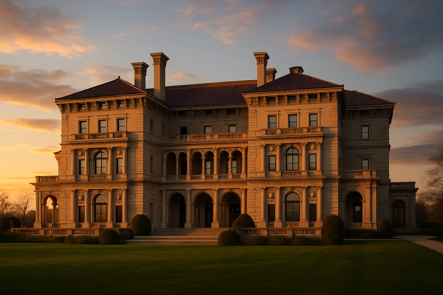 The Breakers mansion and formal gardens along Bellevue Avenue in Newport, Rhode Island