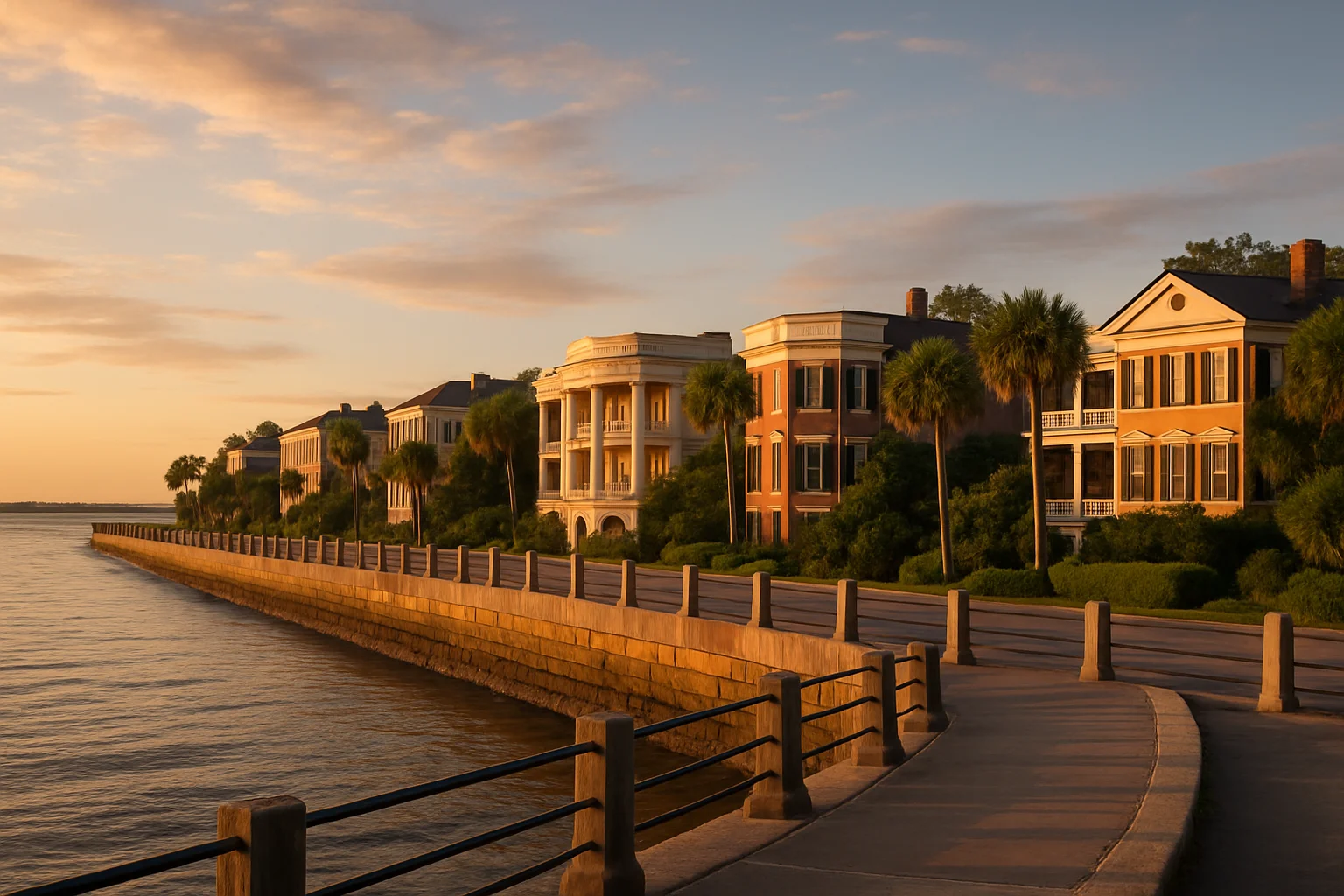 The Battery seawall promenade and antebellum mansions lining the waterfront in historic Charleston, South Carolina