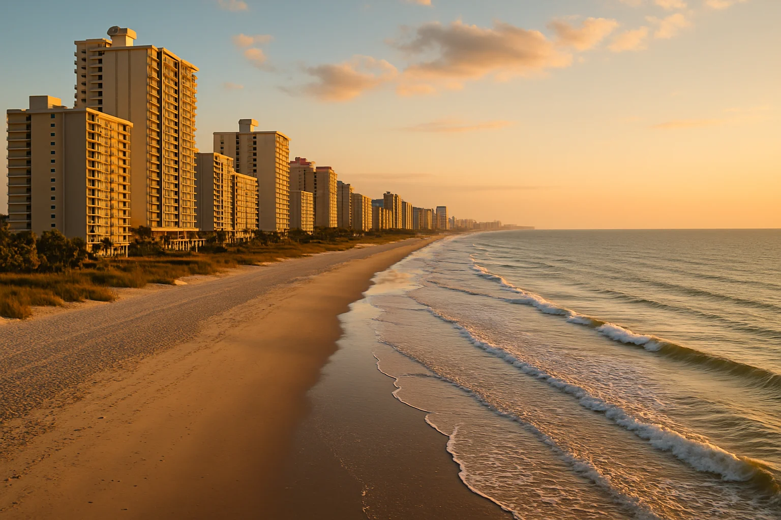 Aerial view of the Grand Strand shoreline and Atlantic beach stretching along Myrtle Beach, South Carolina