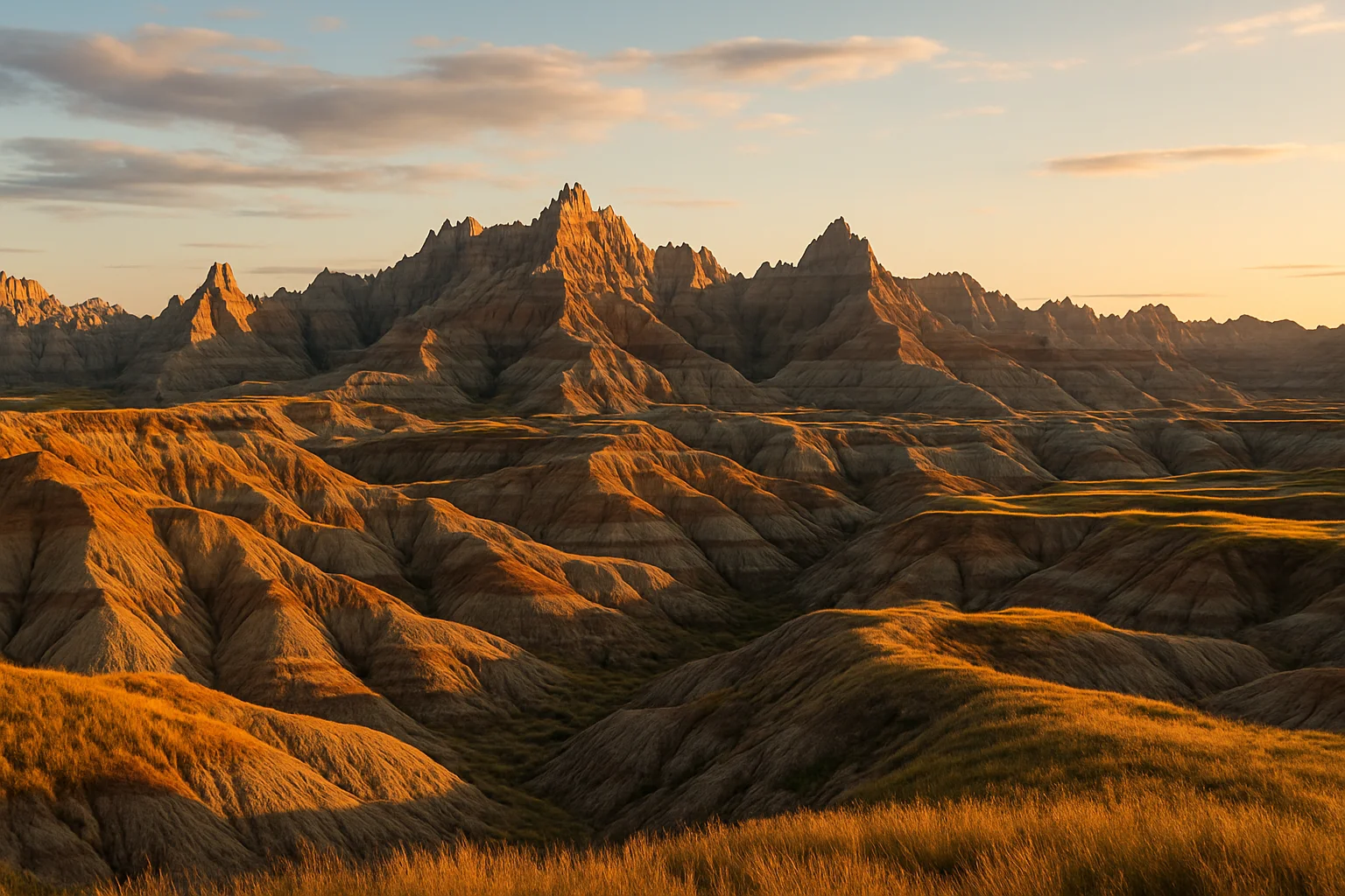 Eroded buttes and pinnacles of Badlands National Park glowing in golden light, South Dakota