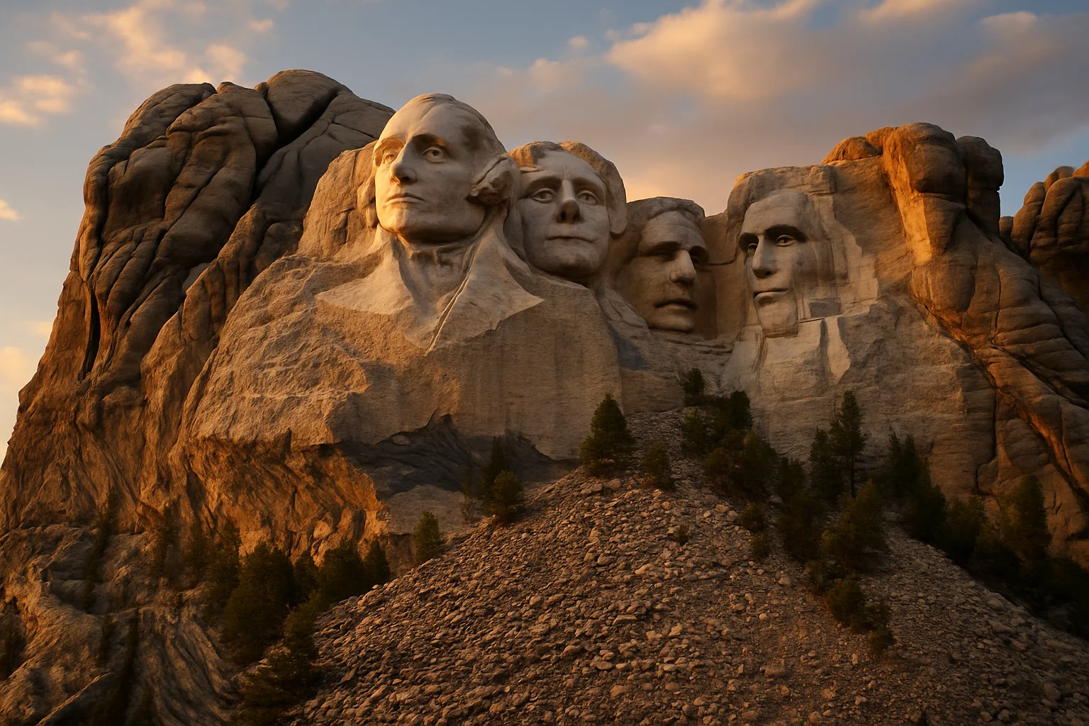 The four carved granite faces of Mount Rushmore, Washington, Jefferson, Roosevelt, and Lincoln, in the Black Hills of South Dakota