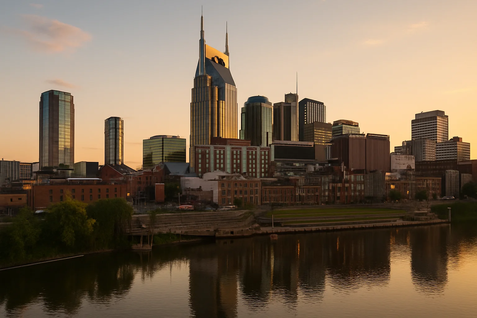 The Nashville, Tennessee skyline along the Cumberland River, the fastest-growing major city in the American South and home to the country music industry and America's largest healthcare company cluster