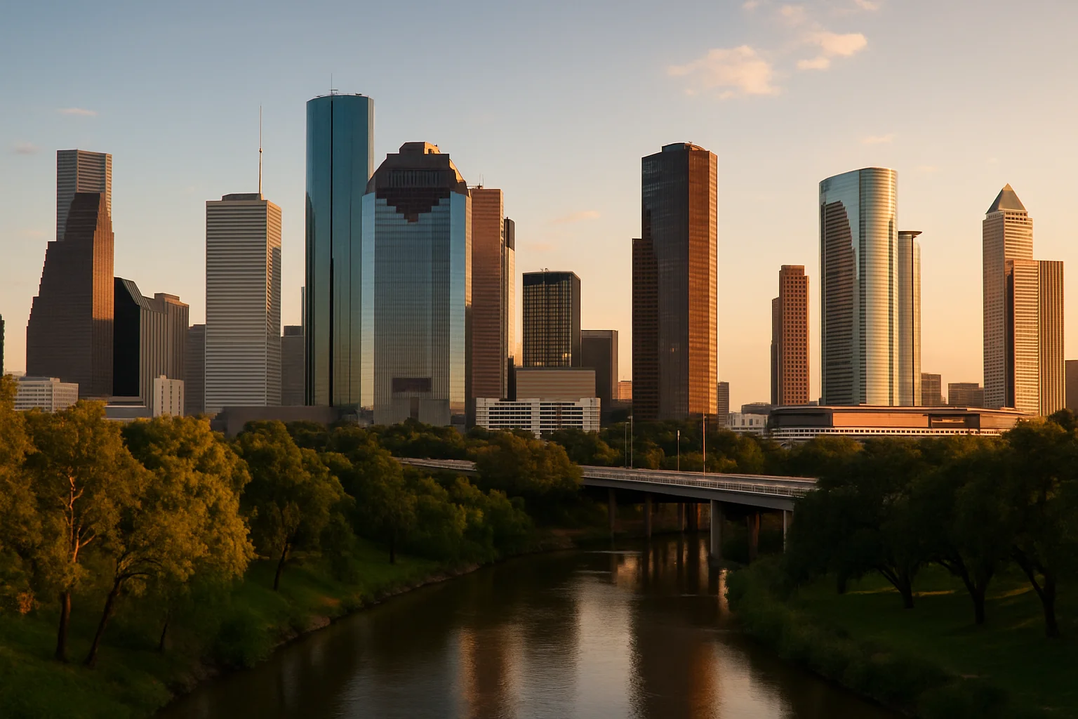 Houston skyline at dusk reflected in the still water of Buffalo Bayou, Texas