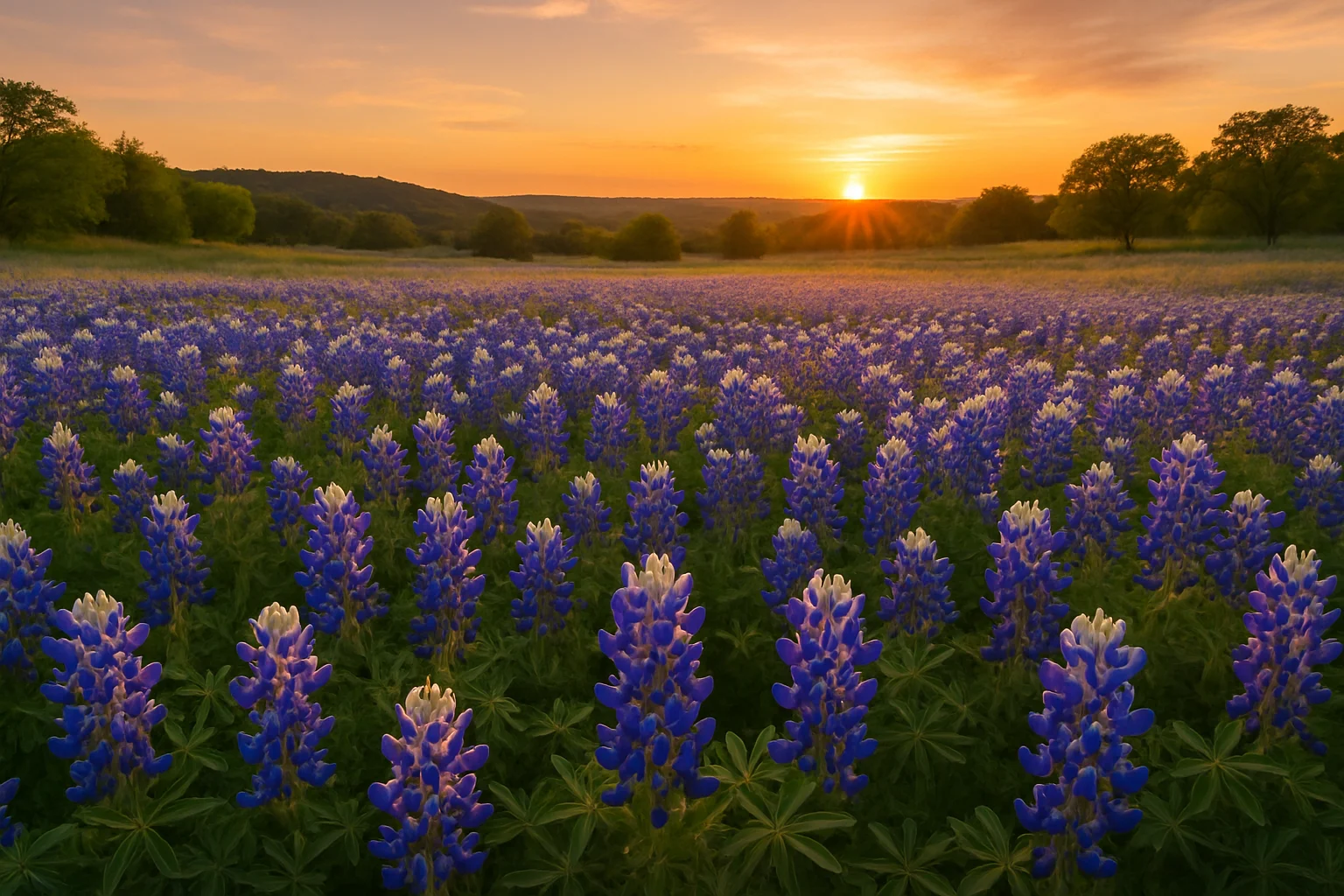 Fields of Texas bluebonnet wildflowers in bloom along a Hill Country roadside in spring