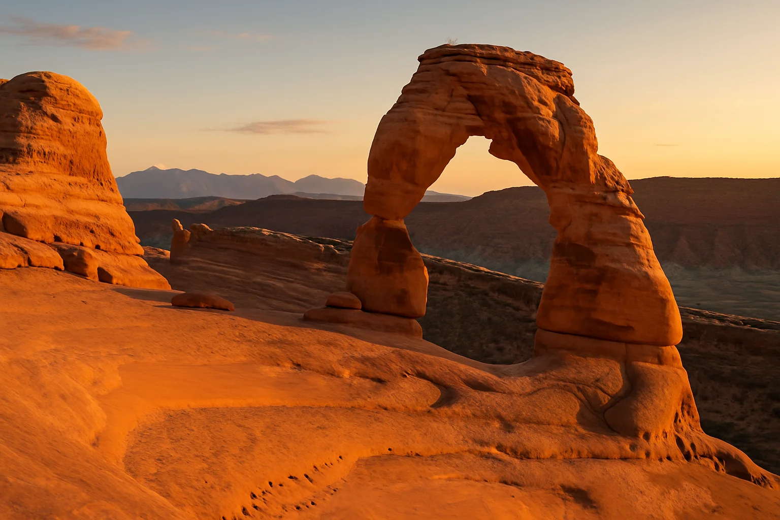 Delicate Arch standing alone against a sunset sky above the red rock canyons of Arches National Park, Utah