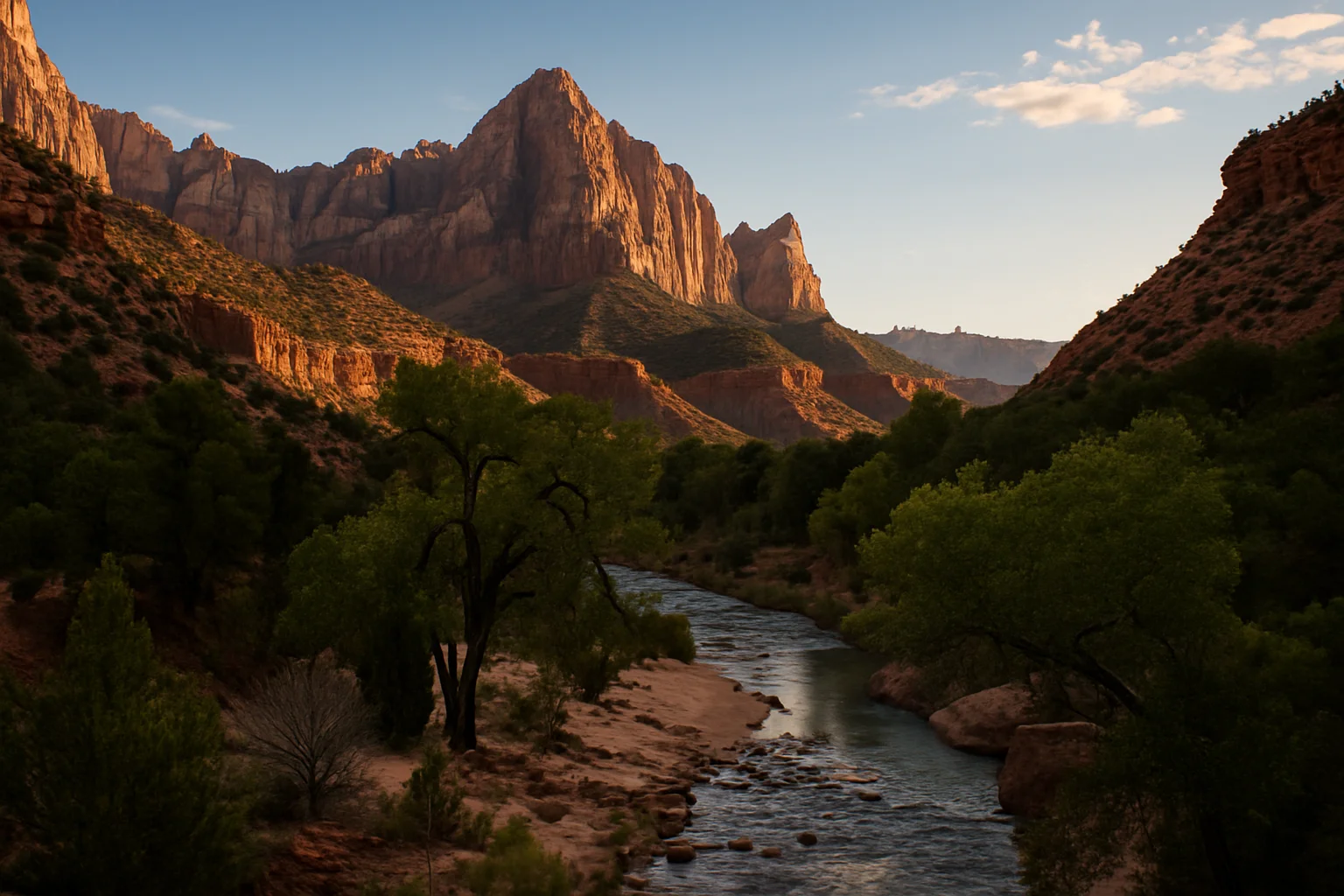 The Virgin River winding through Zion Canyon's towering red sandstone walls in Zion National Park, Utah