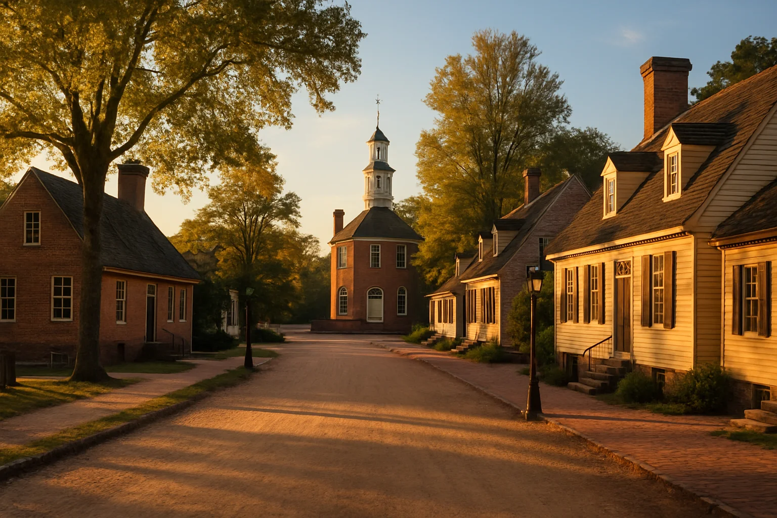The historic Duke of Gloucester Street in Colonial Williamsburg, Virginia, lined with restored 18th-century buildings