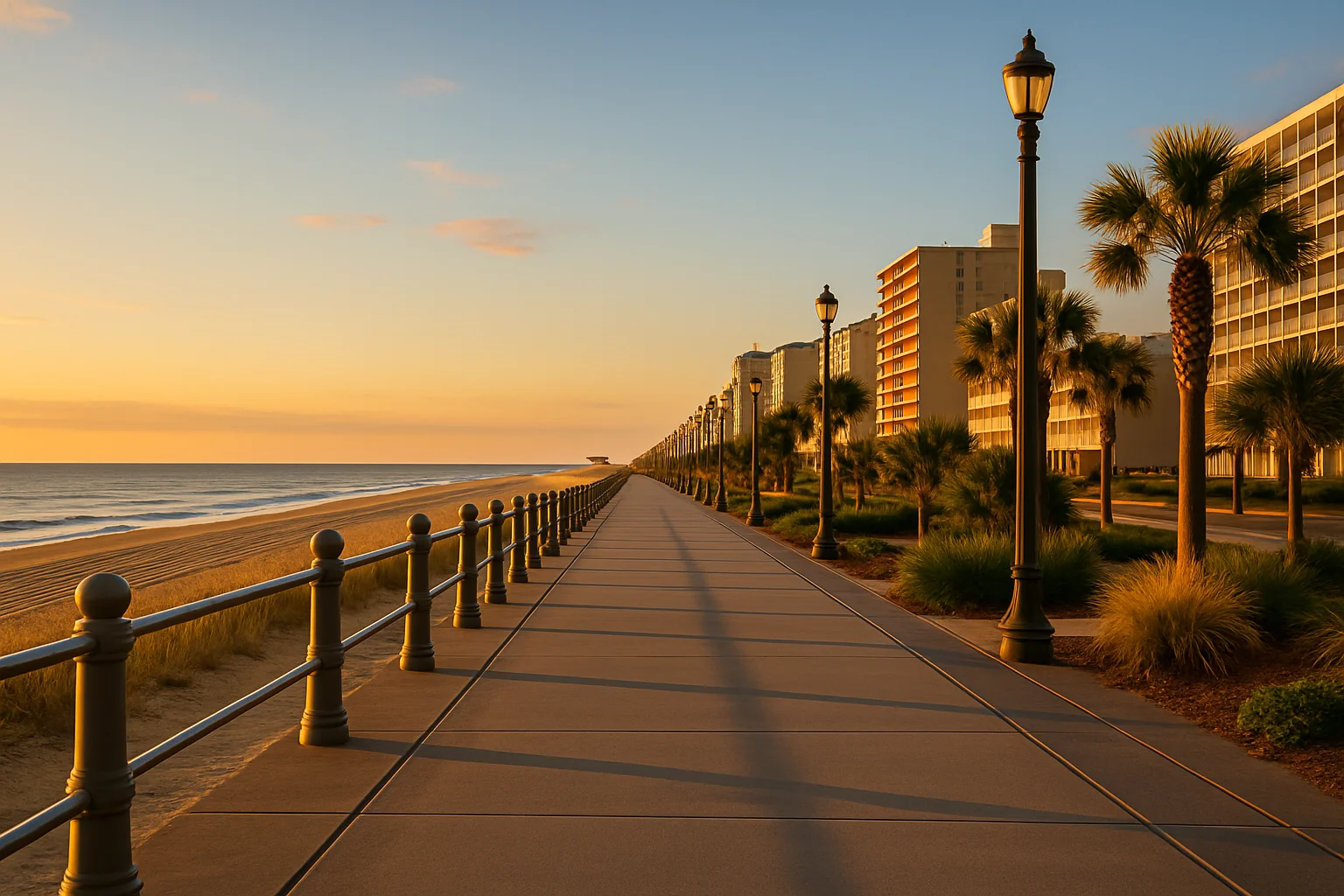 The Virginia Beach boardwalk and Atlantic Ocean coastline at sunrise, Virginia