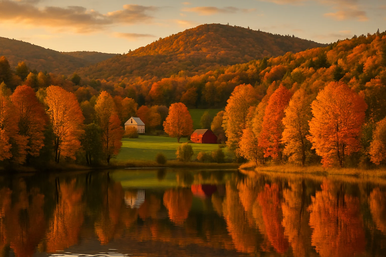 Vermont hillsides ablaze in autumn red, orange, and gold foliage with a white church steeple visible in a small valley below