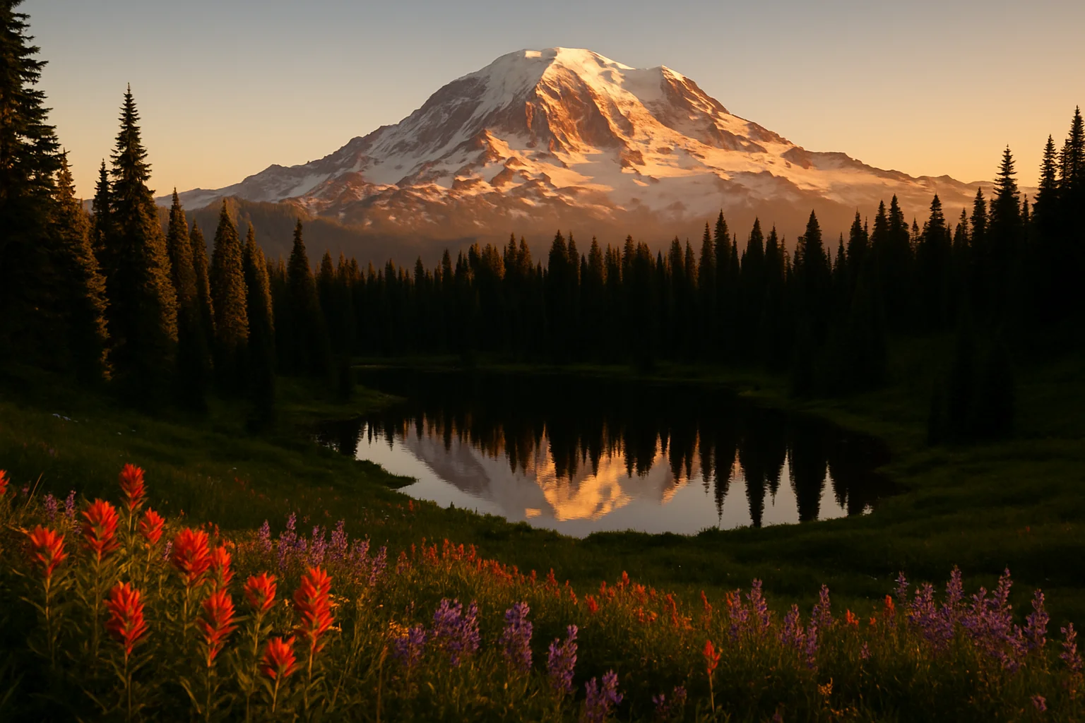 Mount Rainier, a snow-covered volcanic peak, rising above a forested valley in Washington State