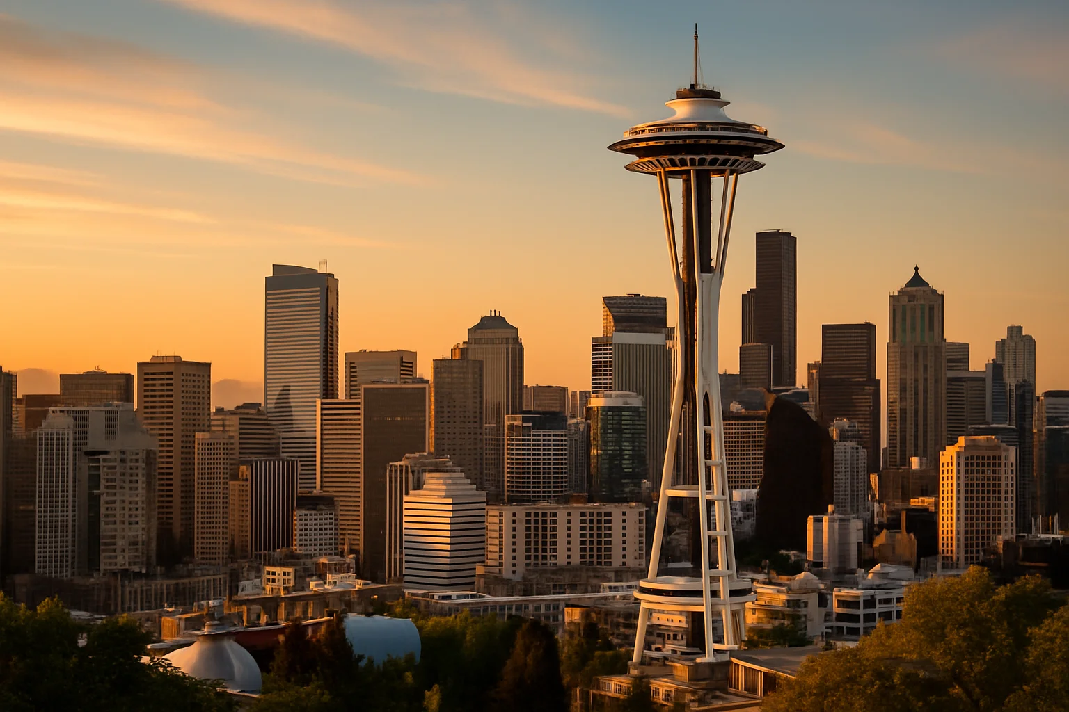 The Seattle Space Needle rising above the city skyline with Puget Sound and the Olympic Mountains visible in the background, Washington State