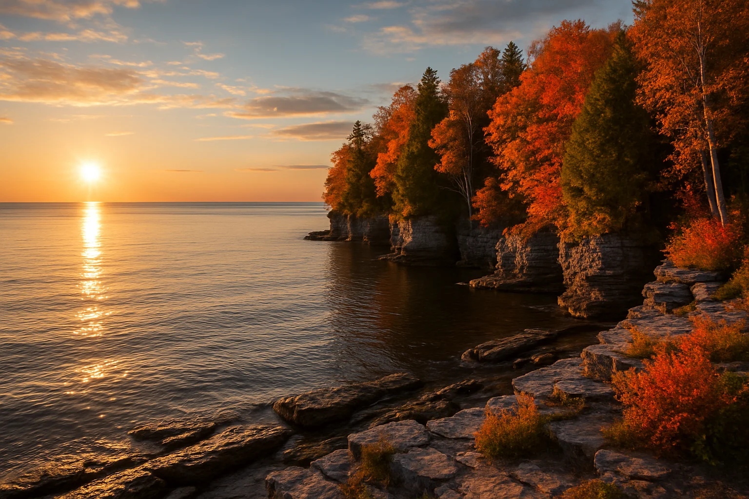Door County Peninsula, Wisconsin, with scenic Lake Michigan shoreline, cherry orchards, and a historic lighthouse along the 'Death's Door' strait at the tip of the peninsula