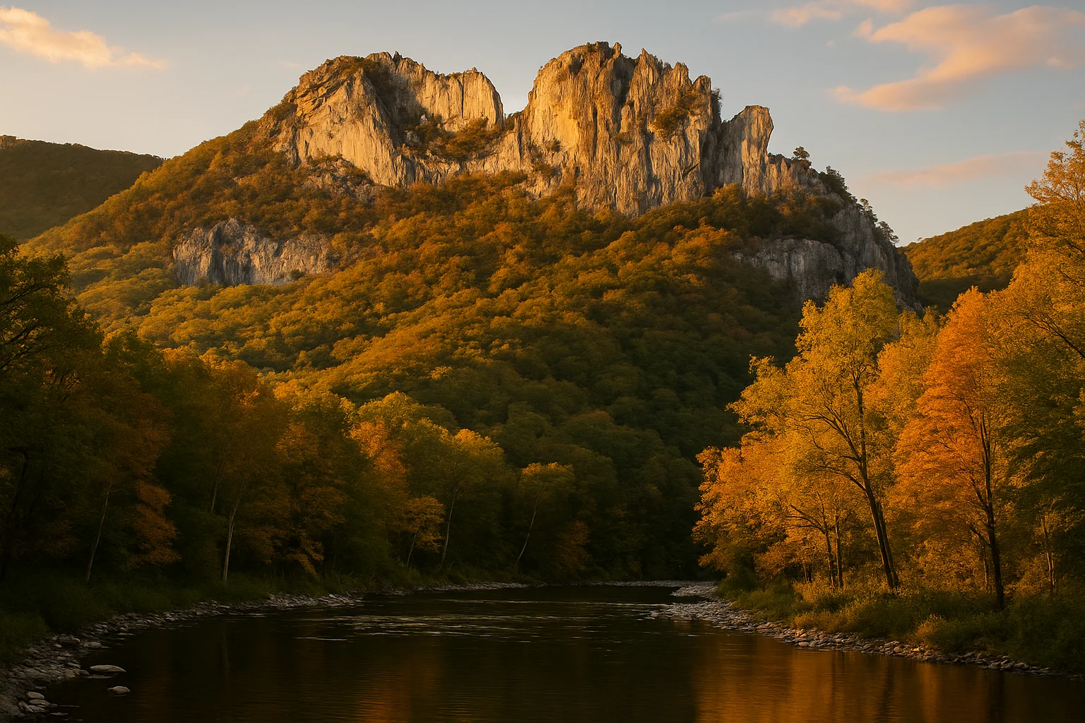 Seneca Rocks in Pendleton County, West Virginia, twin quartzite fins rising 900 feet above the North Fork Valley, the most dramatic rock formation in the eastern United States and a premier technical climbing destination